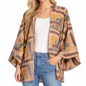 SAACHI Womens ONE SIZE Patchwork Kimono Style Short Duster Artsy Blouse Top